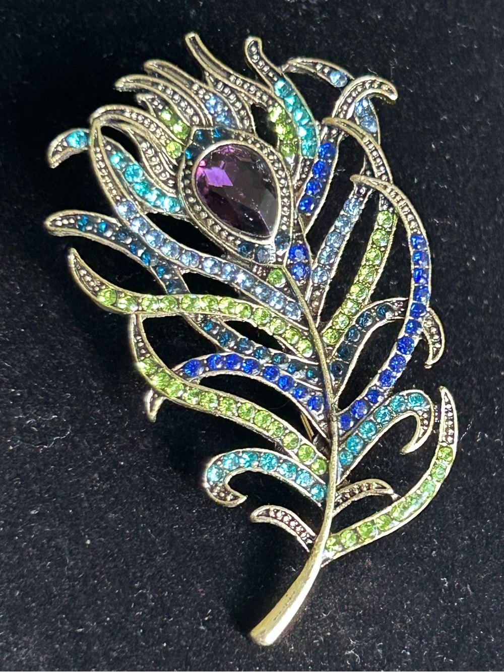 Multicolor Peacock Feather Multi Color Rhinestone Crystal Brooch Vintage (6)